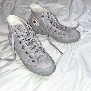 Rose Gold Grey Suede High Top Converse.